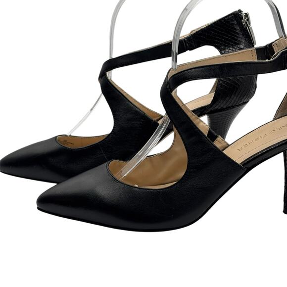 Marc Fisher Black Pointed Toe Heels Strappy Zip Back Stiletto Snake Embossed 8M - Picture 14 of 16